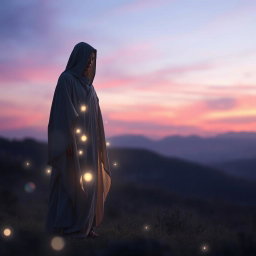 A captivating and ethereal scene featuring a mysterious figure standing in a soft twilight environment, evoking a sense of awe and intrigue