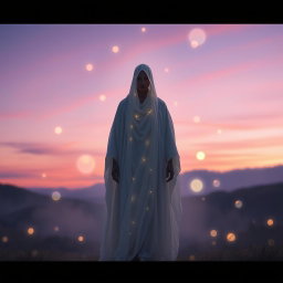 A captivating and ethereal scene featuring a mysterious figure standing in a soft twilight environment, evoking a sense of awe and intrigue