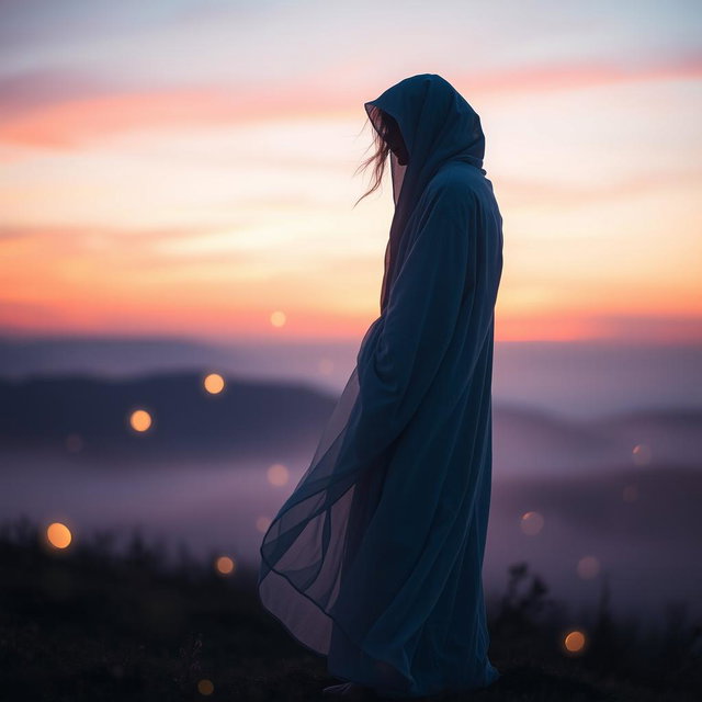 A captivating and ethereal scene featuring a mysterious figure standing in a soft twilight environment, evoking a sense of awe and intrigue