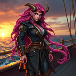 A fierce tiefling woman with vibrant pink skin and long, flowing pink hair