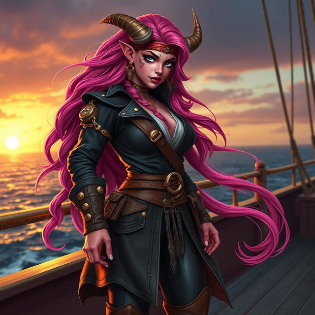 A fierce tiefling woman with vibrant pink skin and long, flowing pink hair