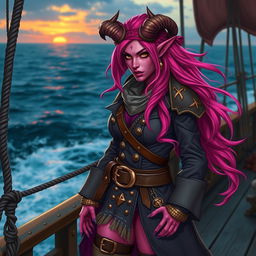 A fierce tiefling woman with vibrant pink skin and long, flowing pink hair