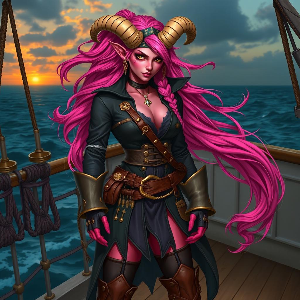 A fierce tiefling woman with vibrant pink skin and long, flowing pink hair