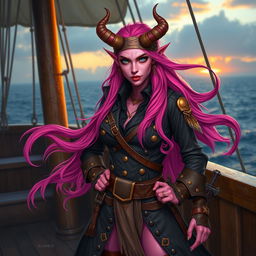 A fierce tiefling woman with vibrant pink skin and long, flowing pink hair