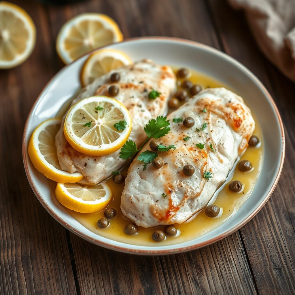 A beautifully plated dish of chicken piccata featuring succulent chicken breasts cooked with lemon and capers