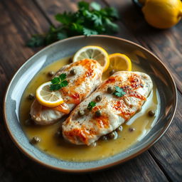 A beautifully plated dish of chicken piccata featuring succulent chicken breasts cooked with lemon and capers