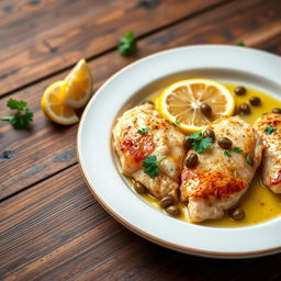 A beautifully plated dish of chicken piccata featuring succulent chicken breasts cooked with lemon and capers