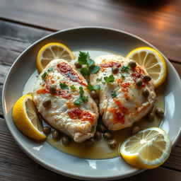 A beautifully plated dish of chicken piccata featuring succulent chicken breasts cooked with lemon and capers