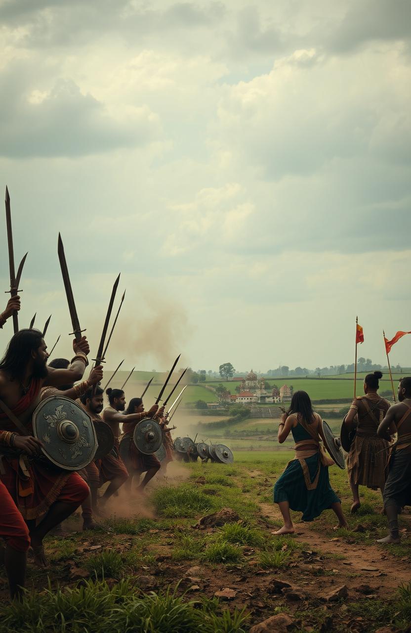 An evocative old Indian battlefield scene set just before a fierce battle