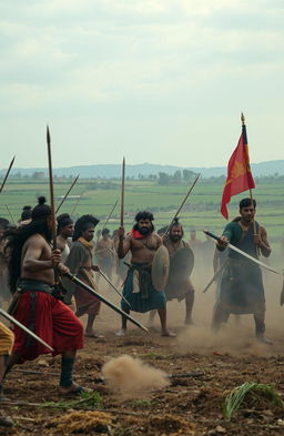 An evocative old Indian battlefield scene set just before a fierce battle