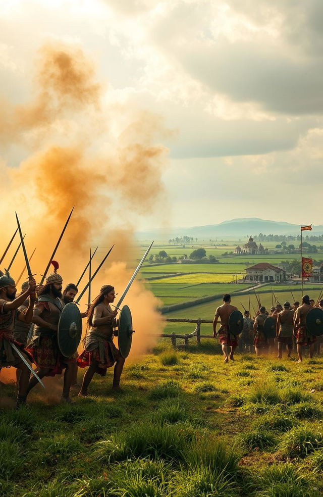 An evocative old Indian battlefield scene set just before a fierce battle