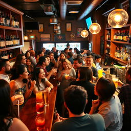 A lively scene inside a bustling bar where diverse groups of people are enjoying drinks together