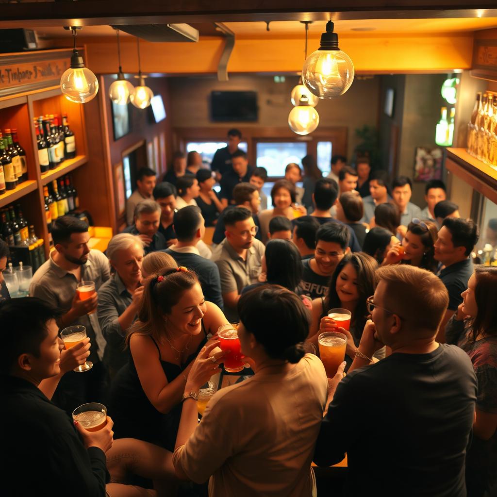 A lively scene inside a bustling bar where diverse groups of people are enjoying drinks together