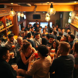 A lively scene inside a bustling bar where diverse groups of people are enjoying drinks together