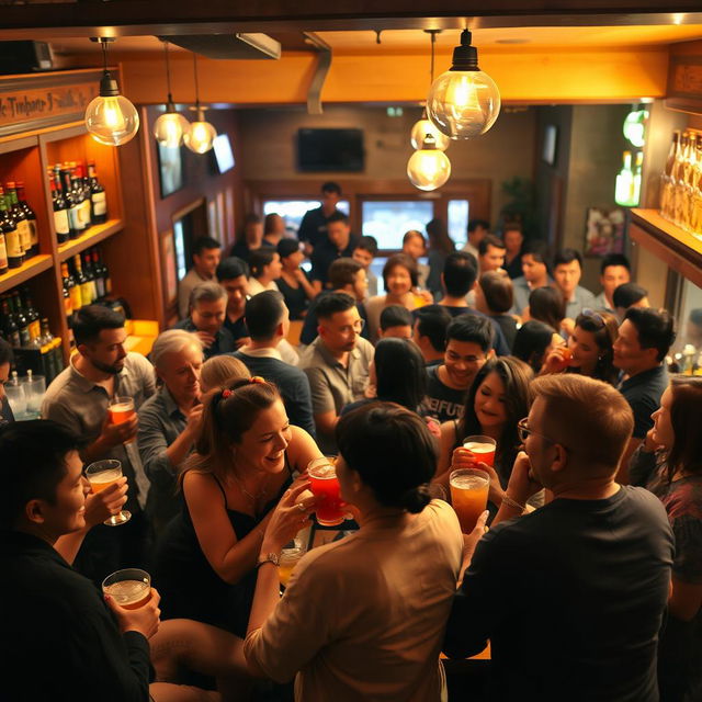 A lively scene inside a bustling bar where diverse groups of people are enjoying drinks together