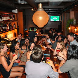 A lively scene inside a bustling bar where diverse groups of people are enjoying drinks together