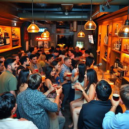 A lively scene inside a bustling bar where diverse groups of people are enjoying drinks together