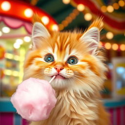 A fluffy yellow cat joyfully eating cotton candy, with its fur looking soft and well-groomed