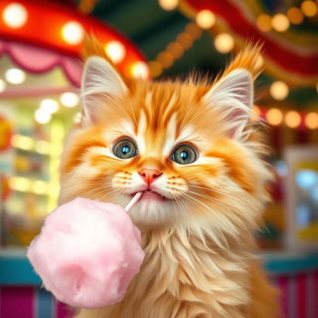 A fluffy yellow cat joyfully eating cotton candy, with its fur looking soft and well-groomed