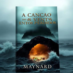 A book cover featuring a dark, misty island in the background, shrouded in thick fog and surrounded by a turbulent ocean with crashing waves