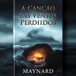A book cover featuring a dark, misty island in the background, shrouded in thick fog and surrounded by a turbulent ocean with crashing waves