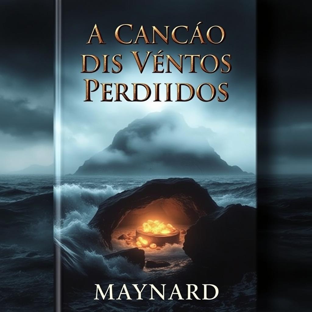A book cover featuring a dark, misty island in the background, shrouded in thick fog and surrounded by a turbulent ocean with crashing waves