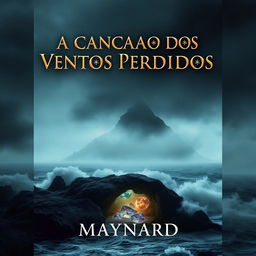 A book cover featuring a dark, misty island in the background, shrouded in thick fog and surrounded by a turbulent ocean with crashing waves