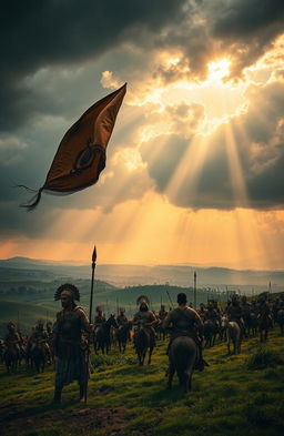 An evocative old battlefield scene set in the land of Mahabharata, capturing the tension and anticipation before a fierce battle