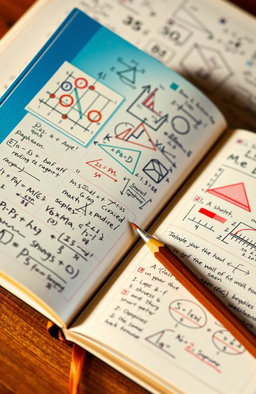 A beautifully organized mathematics notebook filled with handwritten notes, sketches of mathematical formulas, colorful graphs, and interesting geometric shapes