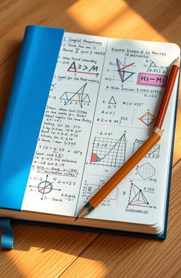 A beautifully organized mathematics notebook filled with handwritten notes, sketches of mathematical formulas, colorful graphs, and interesting geometric shapes