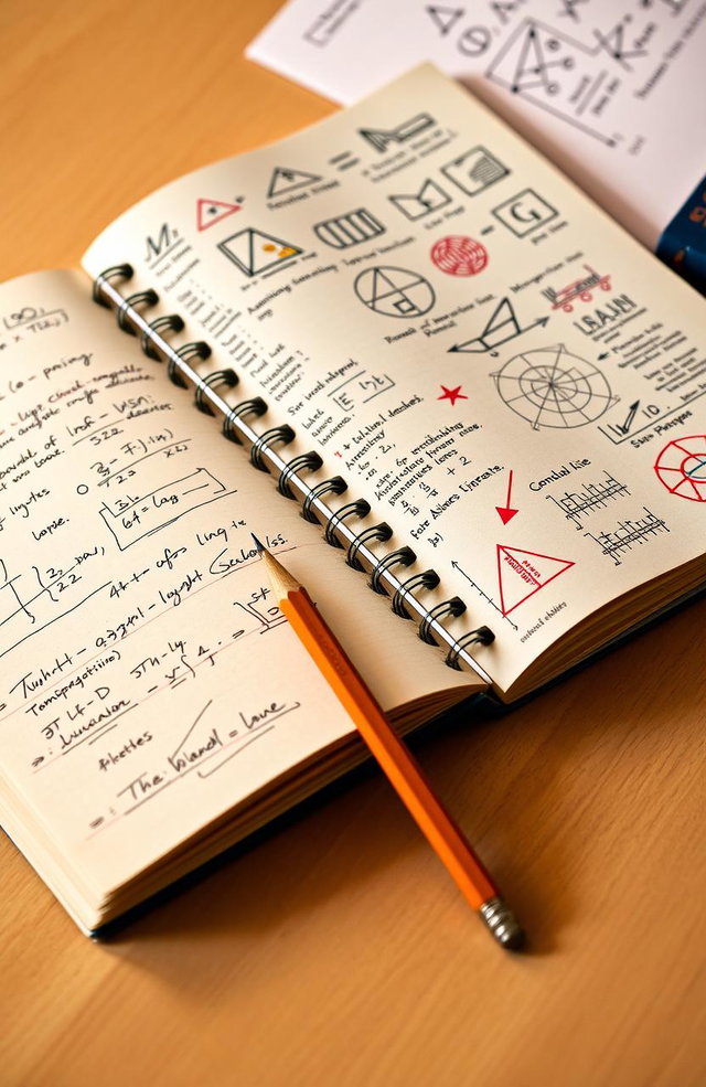 A beautifully organized mathematics notebook filled with handwritten notes, sketches of mathematical formulas, colorful graphs, and interesting geometric shapes