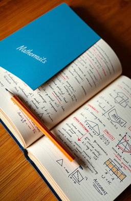 A beautifully organized mathematics notebook filled with handwritten notes, sketches of mathematical formulas, colorful graphs, and interesting geometric shapes