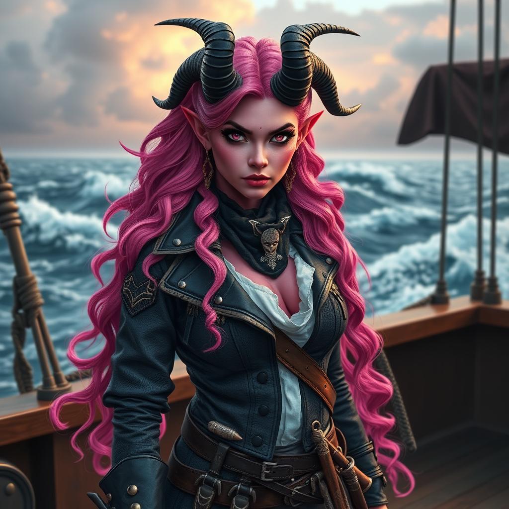 A striking tiefling woman with vivid pink skin and long, wavy pink hair