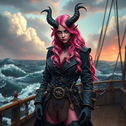 A striking tiefling woman with vivid pink skin and long, wavy pink hair