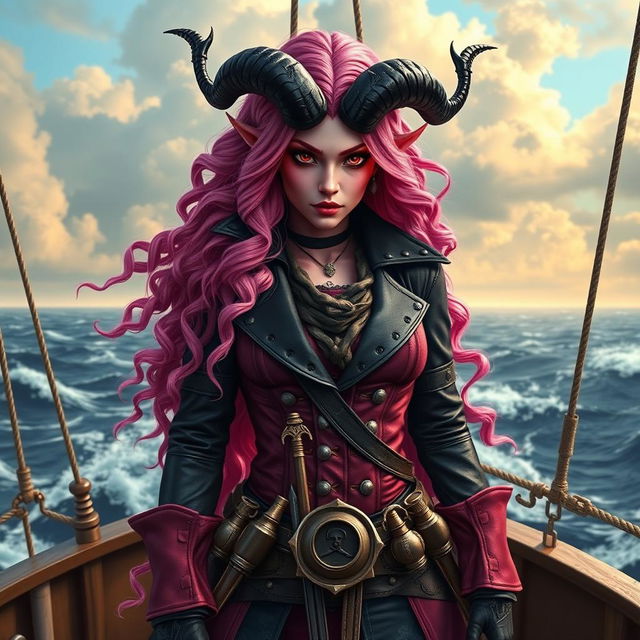 A striking tiefling woman with vivid pink skin and long, wavy pink hair