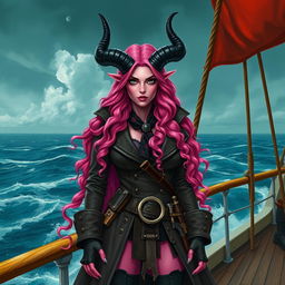 A striking tiefling woman with vivid pink skin and long, wavy pink hair