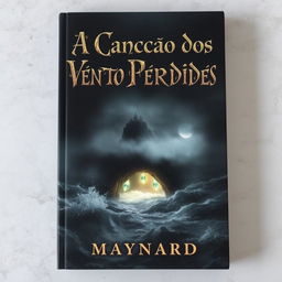 A hauntingly beautiful book cover depicting a dark, misty island in the background, enshrouded in thick fog and surrounded by a turbulent ocean with crashing waves