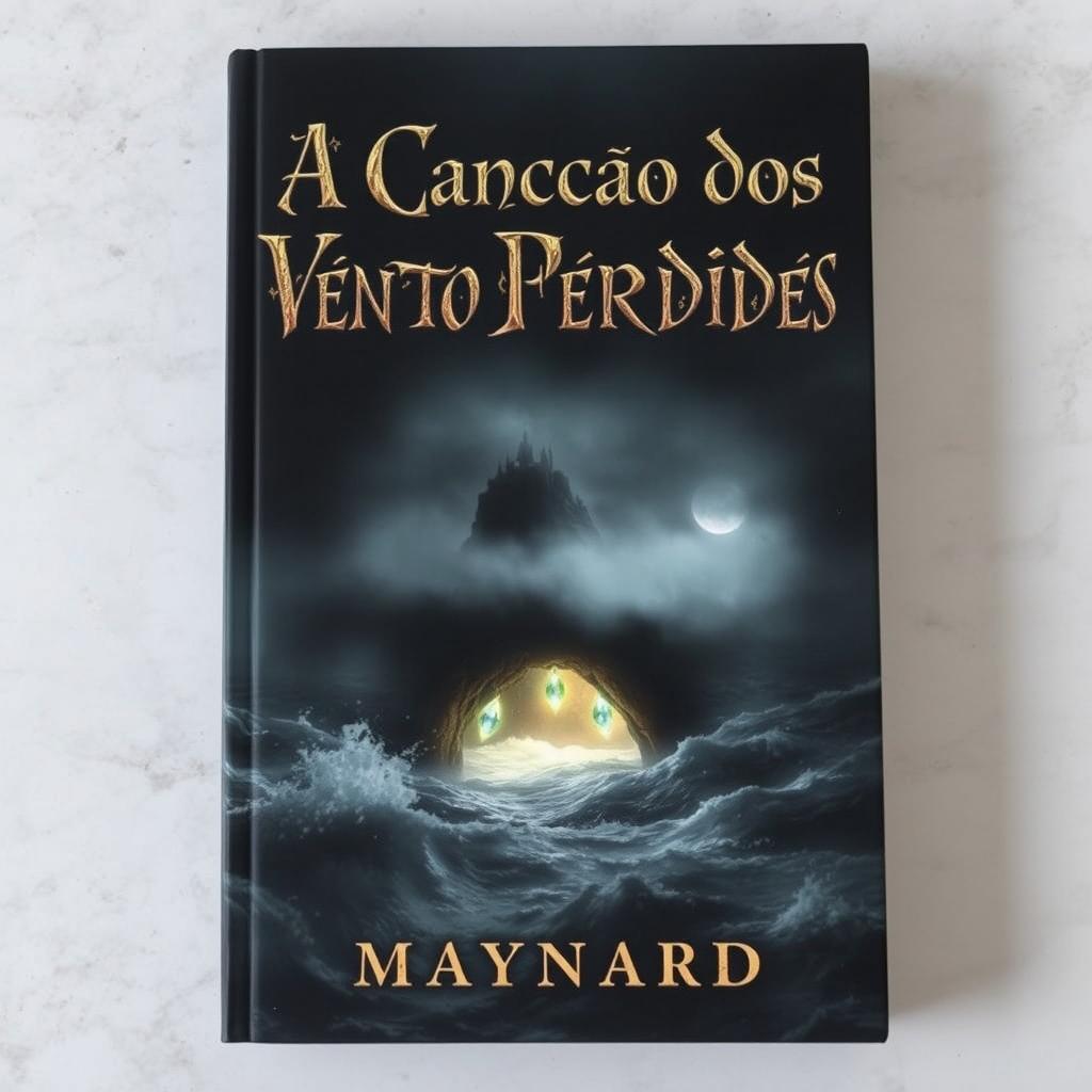 A hauntingly beautiful book cover depicting a dark, misty island in the background, enshrouded in thick fog and surrounded by a turbulent ocean with crashing waves