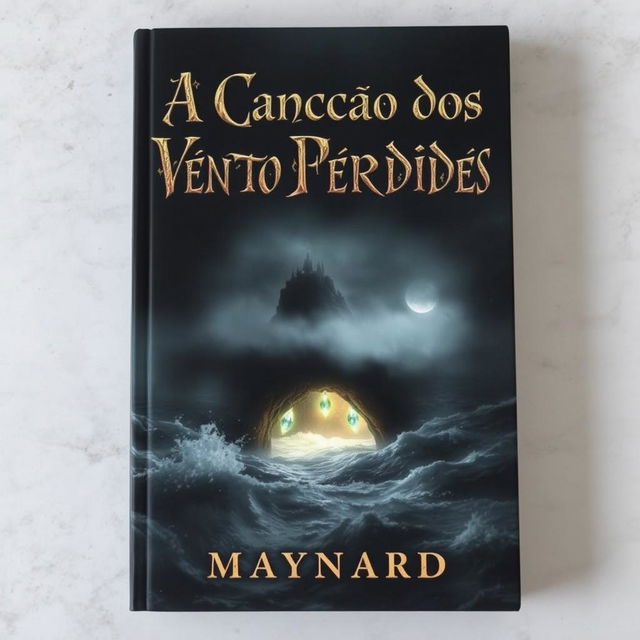 A hauntingly beautiful book cover depicting a dark, misty island in the background, enshrouded in thick fog and surrounded by a turbulent ocean with crashing waves