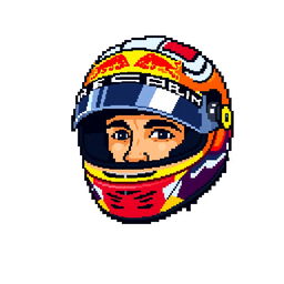 A pixel art representation of Max Verstappen wearing a racing helmet, designed in a grid of 17 pixels wide and 29 pixels tall