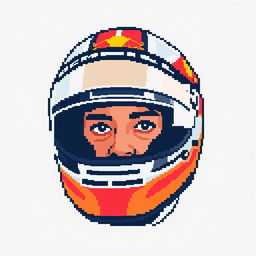 A pixel art representation of Max Verstappen wearing a racing helmet, designed in a grid of 17 pixels wide and 29 pixels tall