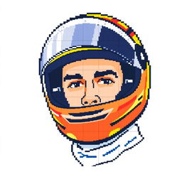 A pixel art representation of Max Verstappen wearing a racing helmet, designed in a grid of 17 pixels wide and 29 pixels tall