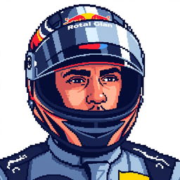 A pixel art representation of Max Verstappen wearing a racing helmet, designed in a grid of 17 pixels wide and 29 pixels tall