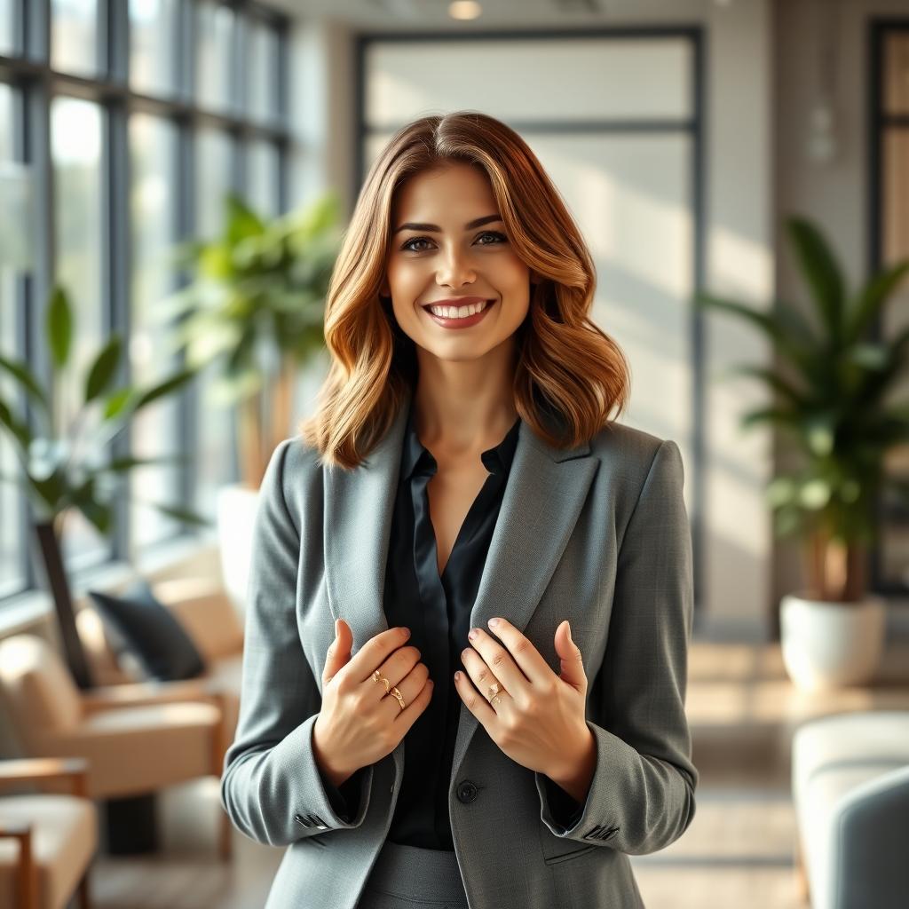 A beautiful woman with shoulder-length wavy hair, smiling confidently while standing in a stylish office