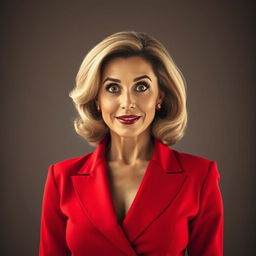A beautiful 50-year-old woman dressed in a stunning red outfit stands front-facing, looking directly at the camera with a surprised expression
