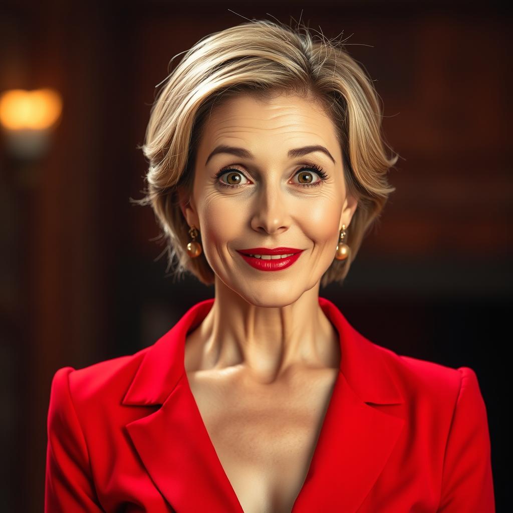 A beautiful 50-year-old woman dressed in a stunning red outfit stands front-facing, looking directly at the camera with a surprised expression