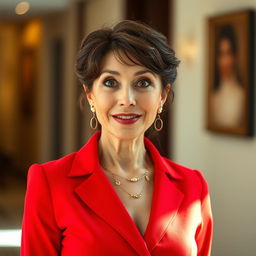 A beautiful 50-year-old woman dressed in a stunning red outfit stands front-facing, looking directly at the camera with a surprised expression