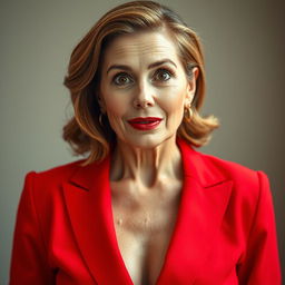 A beautiful 50-year-old woman dressed in a stunning red outfit stands front-facing, looking directly at the camera with a surprised expression