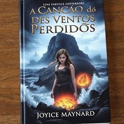 A captivating book cover design featuring a dark and misty island in the background, enveloped by a turbulent ocean with crashing waves