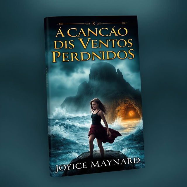A captivating book cover design featuring a dark and misty island in the background, enveloped by a turbulent ocean with crashing waves